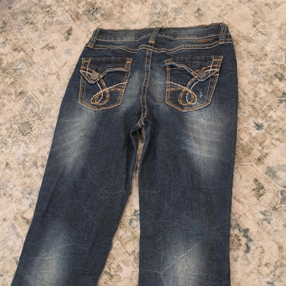 Zanadi Womens Straight Leg Dark Wash Blue Embroidered Flap Pocket Jeans Size 8